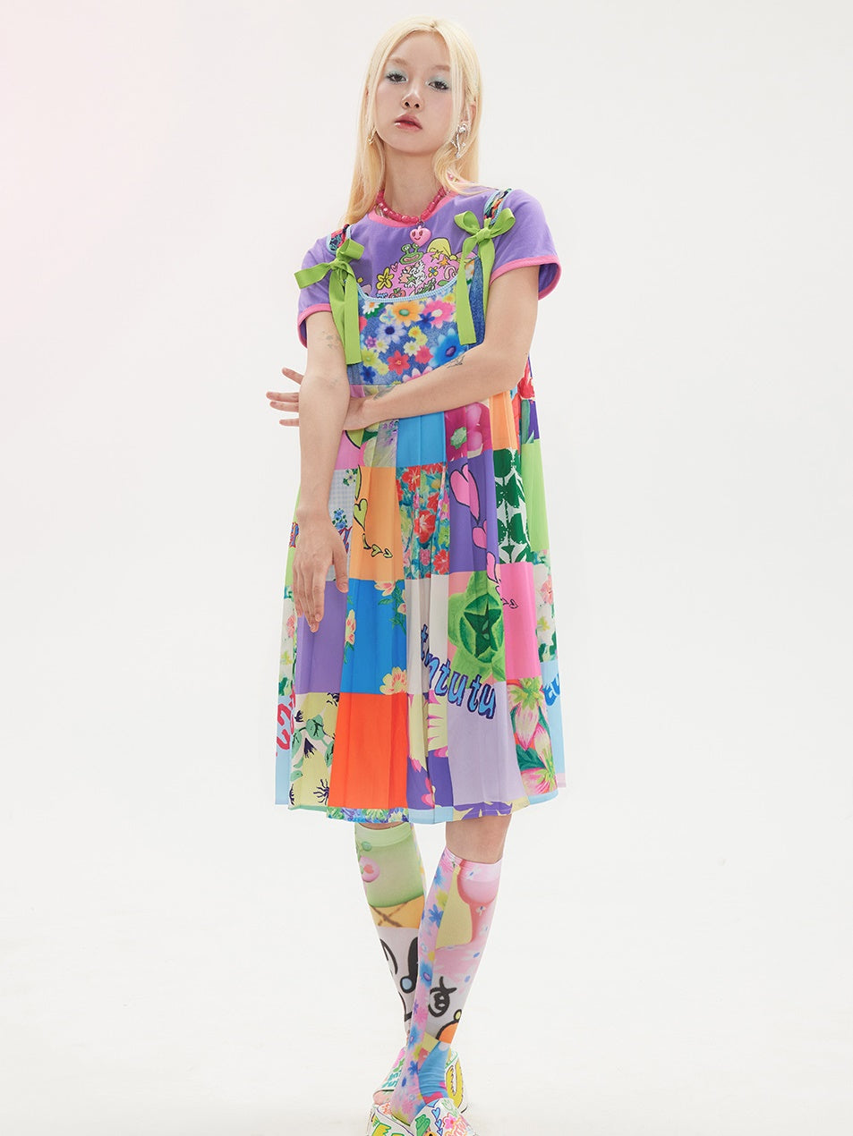 Stitching Denim Print Strap Sling One-piece