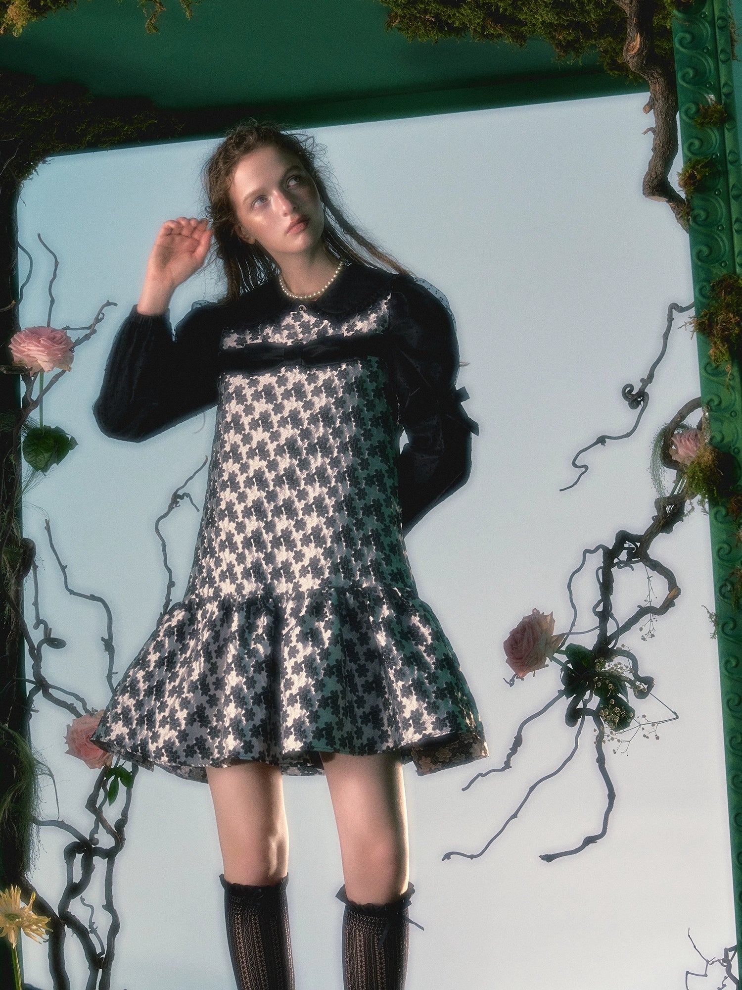 Blumenjacquard Ribbon Puffy Sundress