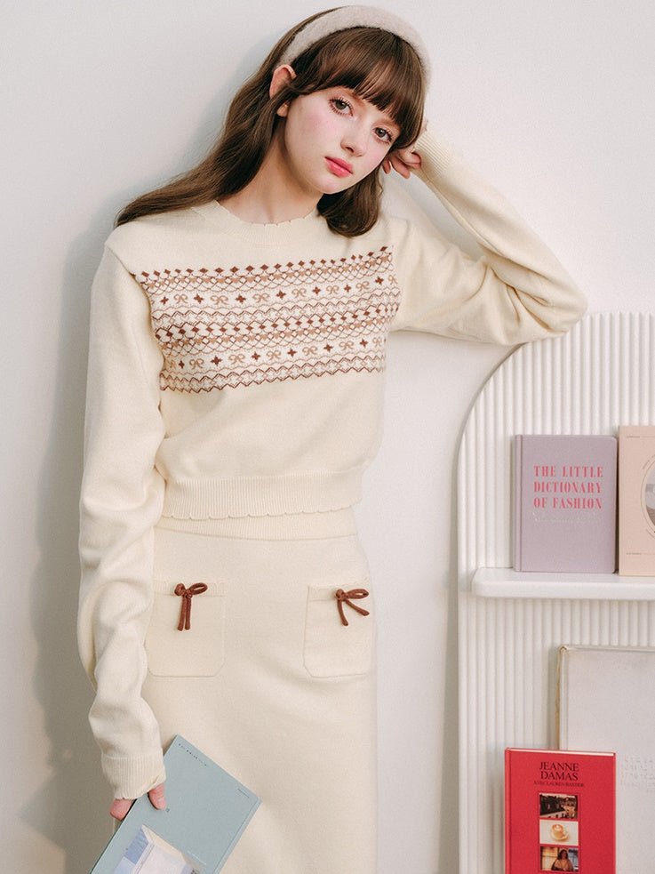 Fair Isle Short Sweater & Slim Skirt