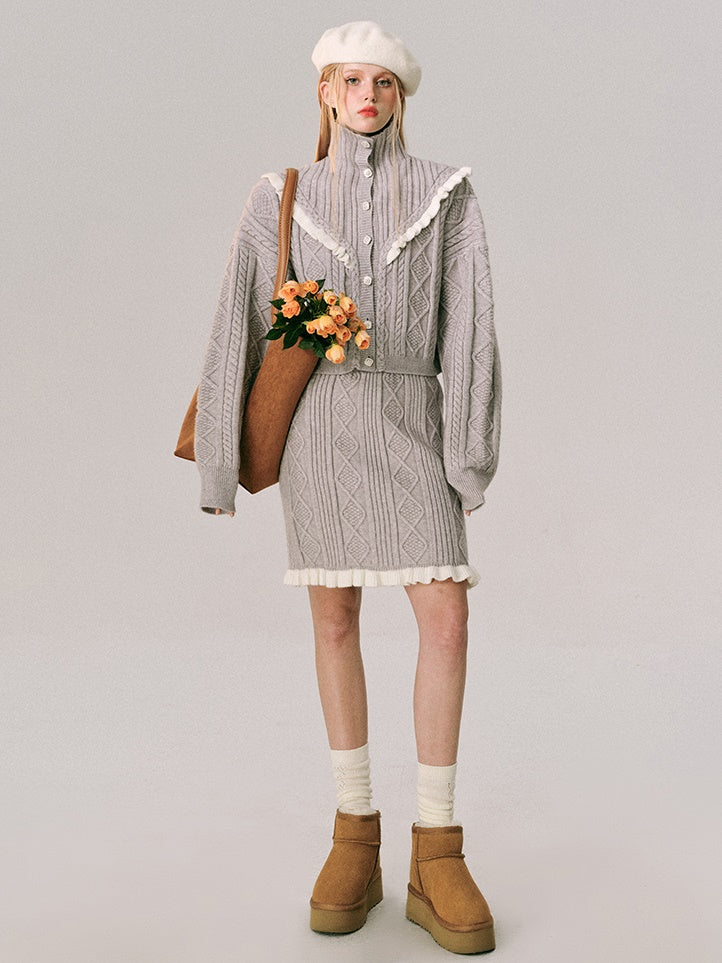 Hoher Hals gehäkelt Holzohr Strickjacke & Rock