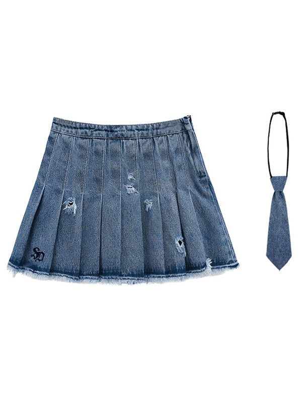 Jupe plissée de trou de jean avec cravate