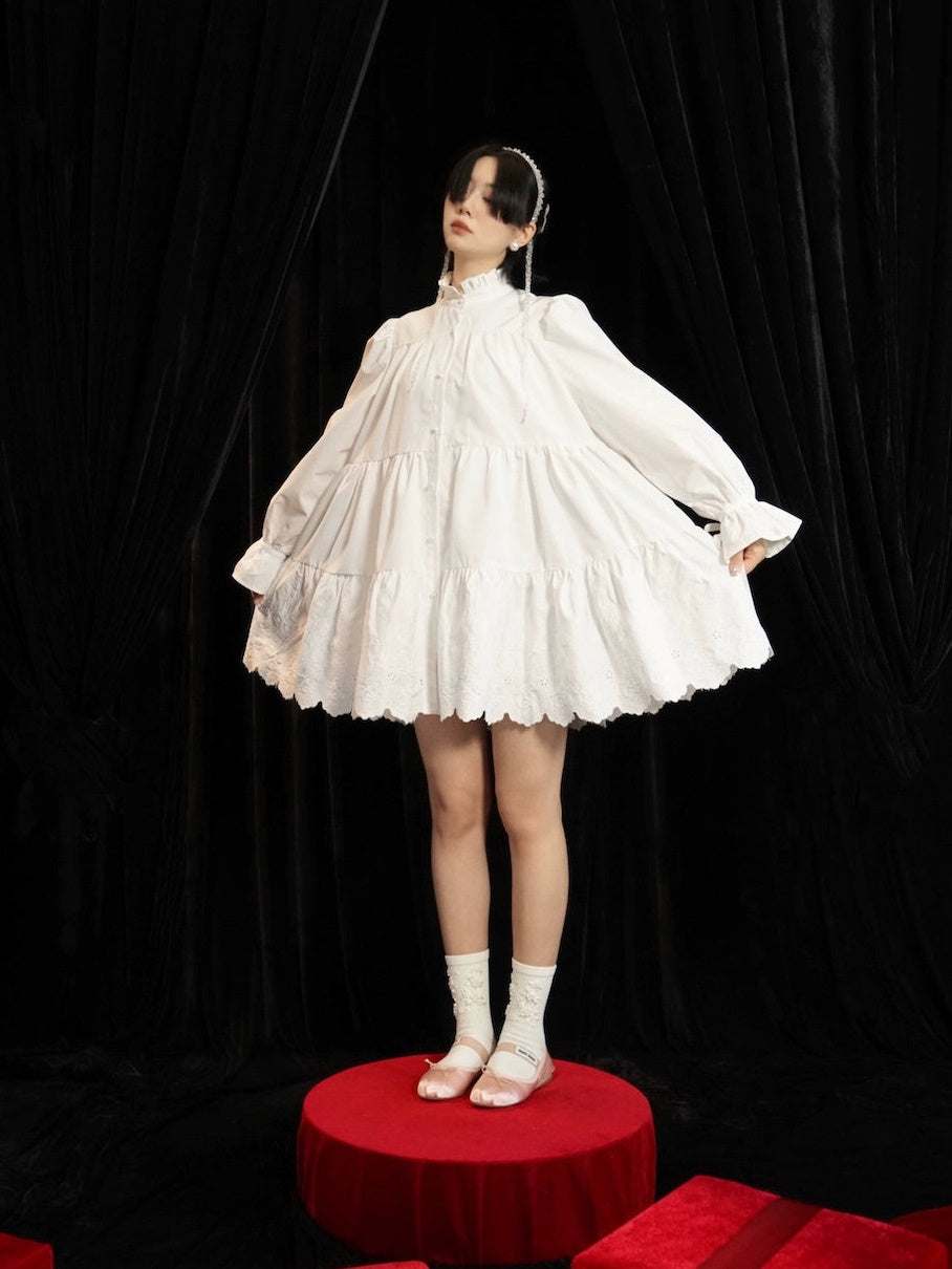 Sticked Tunika -Hemd mit Spitzenpuffärmel