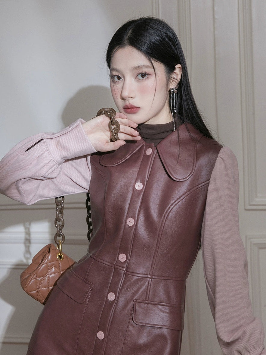 Knitted Sleeve Leather Dress