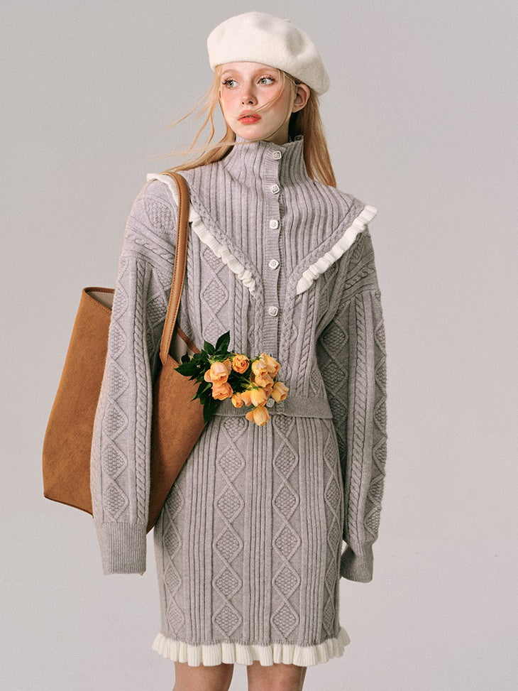 Hoher Hals gehäkelt Holzohr Strickjacke & Rock