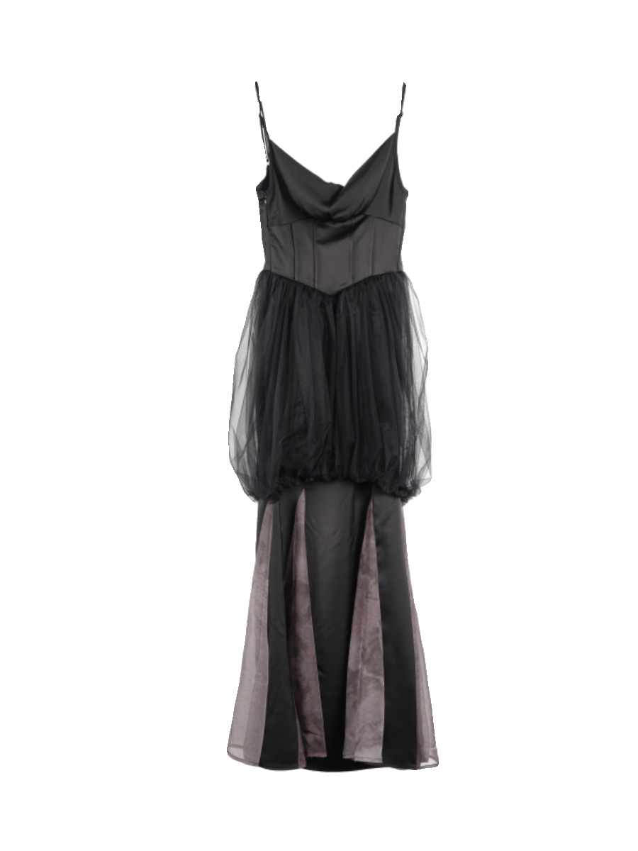 메쉬 꽃 새싹 미끄러짐 긴 드레스