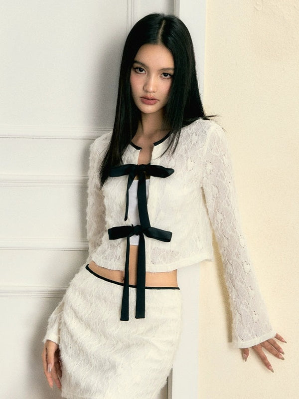 Feather Lace Bowknot Jacket & Skirt