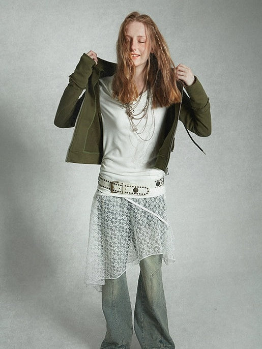 스윙 칼라 프린트 개더 티셔츠