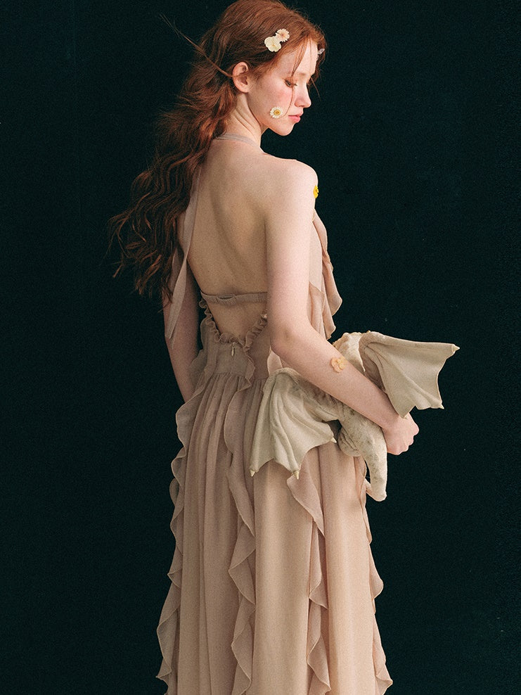 Halterneck Backless Design Frill Long Dress