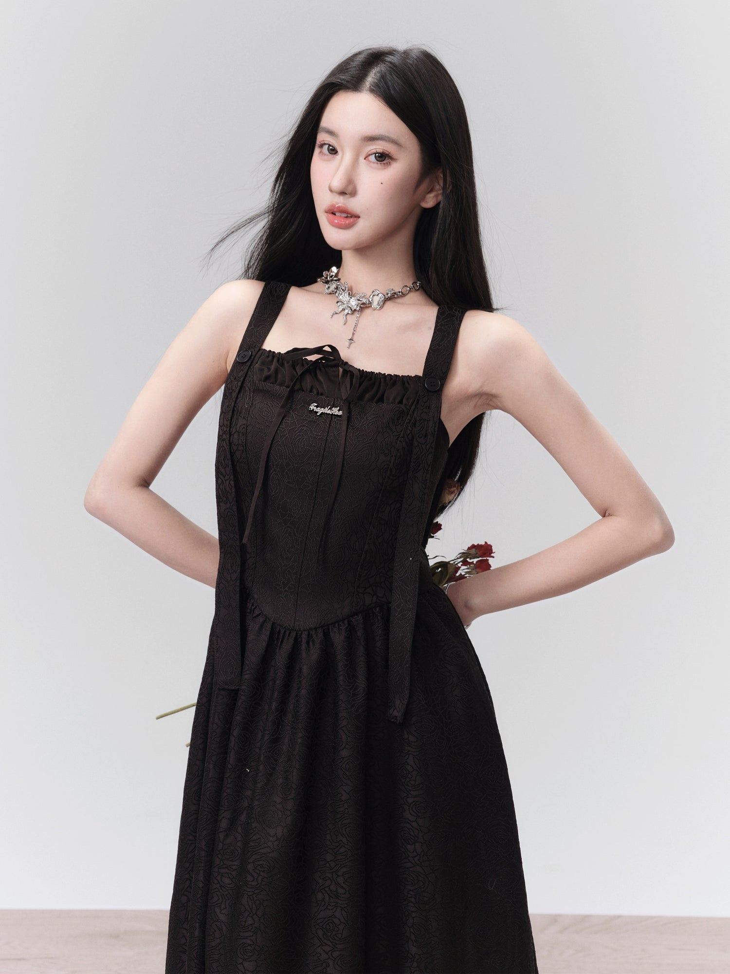 Jacquard Pleated Suspender Dress & Bow Patchwork Shirt