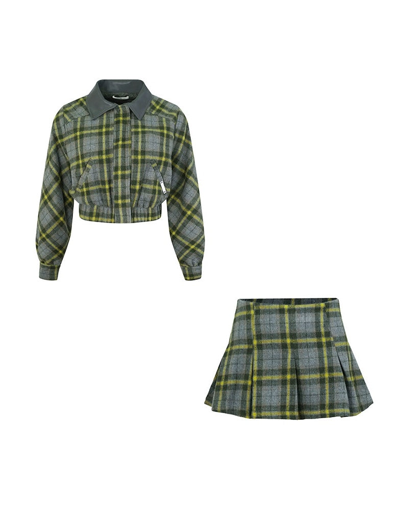 Plaid Short Navy Collar Jacket & Pleated Skirt