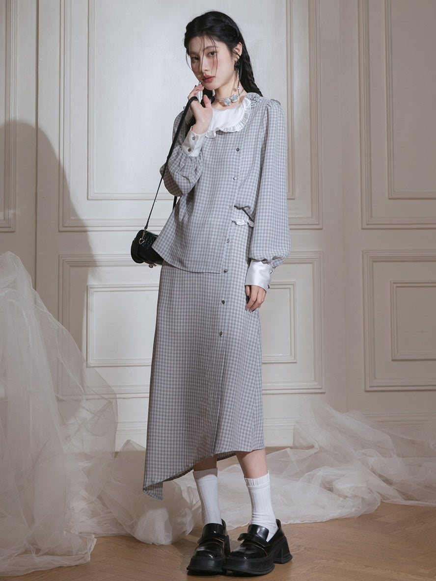 Contrast Color Plaid Shirt & Asymmetry Skirt Set-up