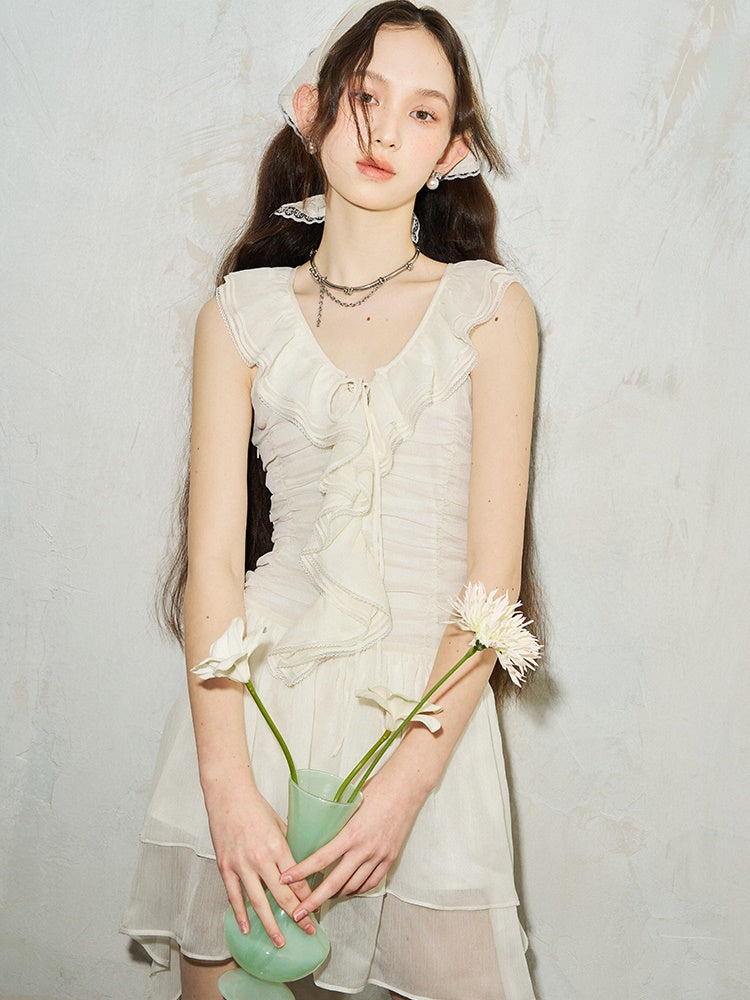 Ruffled Lace Stitching Pleated V-neck Sleeveless Dress