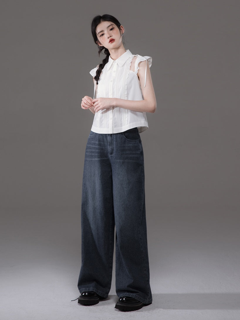 Double Strap Lace Stitch Denim Camisole & Wide-Leg Jeans Set-up