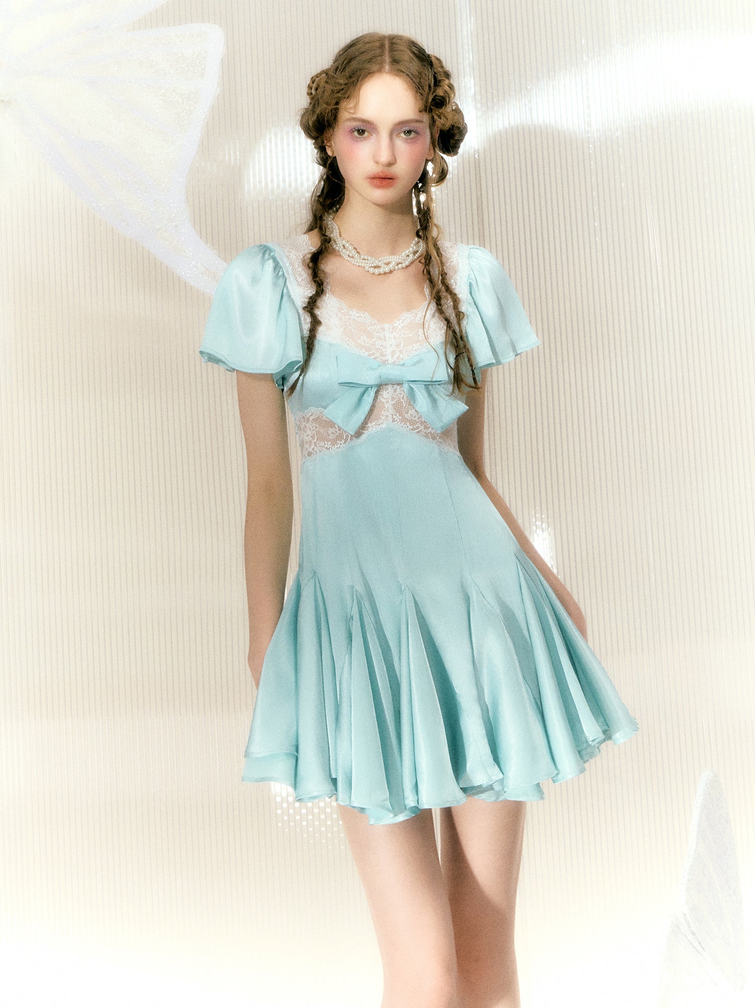 Hollow Lace Bow Short-sleeved Dress