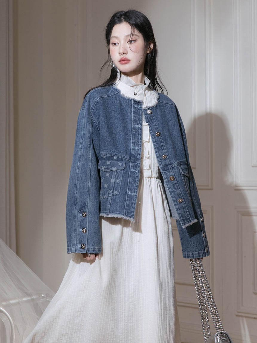 Raw Edge Jacquard Denim Jacket & Butterfly Suspender Skirt