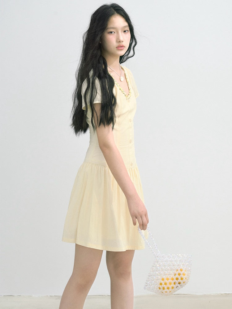 Flower Lace Stitch Wrinkled Short One-piece