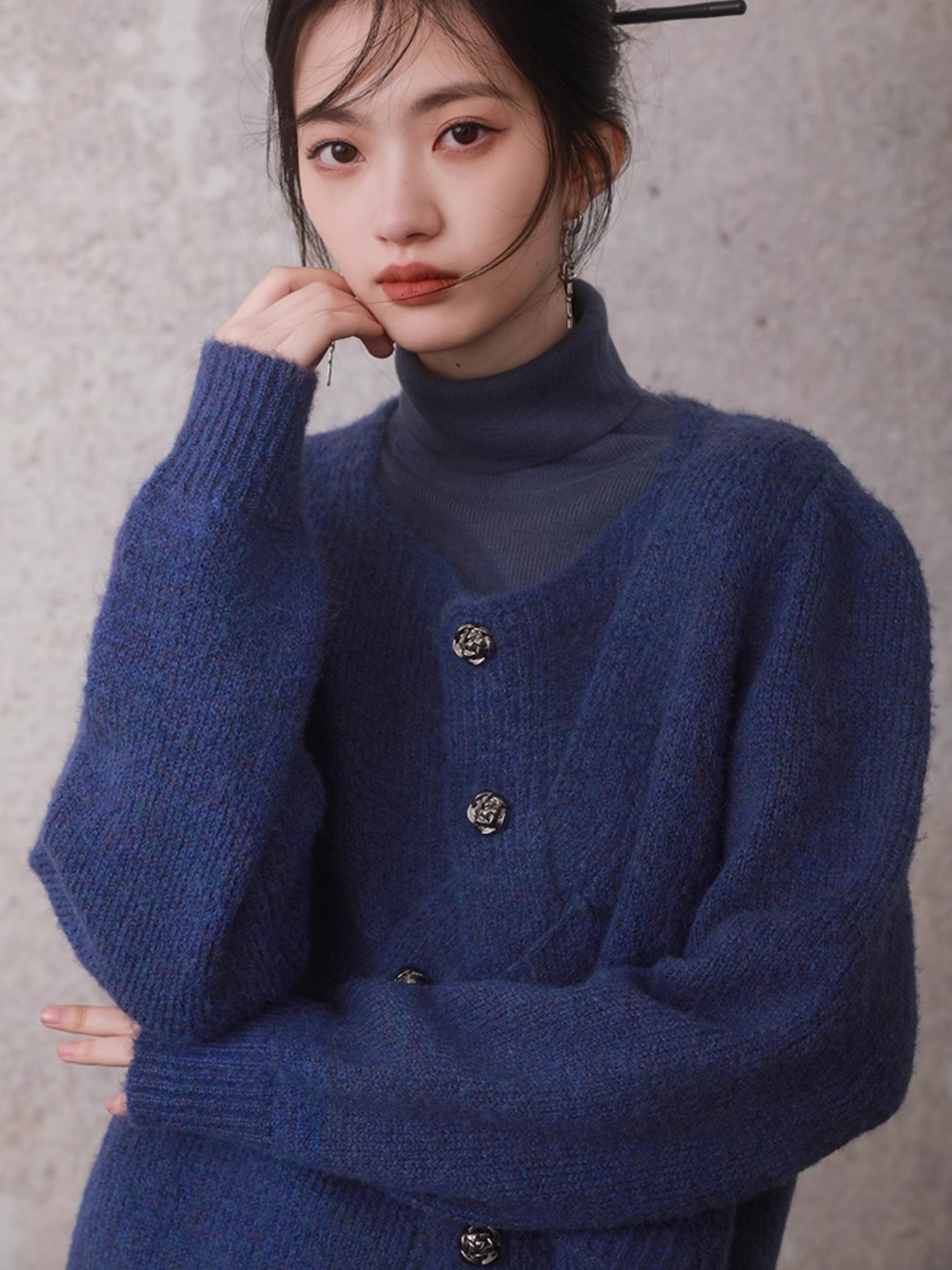 Irregular Button Round Neck Knitted Cardigan