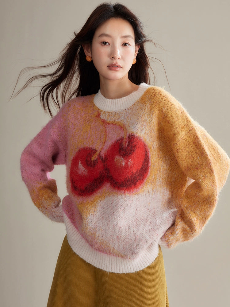 Cherry Gradient Jacquard Loose Pullover Sweater
