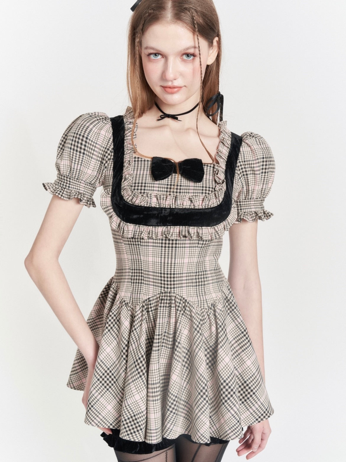 PLAID COLLEGE STYLE LACE SQUARE COLLAR FAKE TWO-PIECE Dress