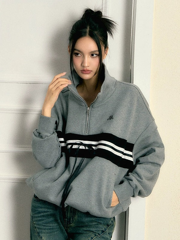 Contrast Line Stand Collar Half-Zip Pullover