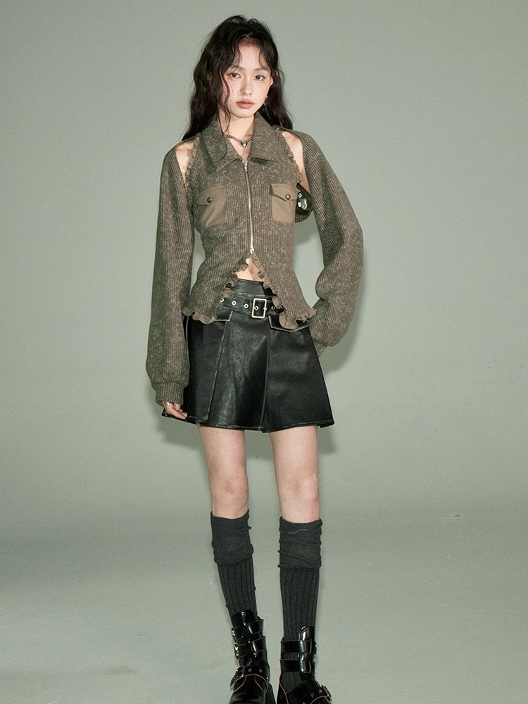 Polo Collar Knitted Sleeveless Top & Shawl Cardigan Set-up