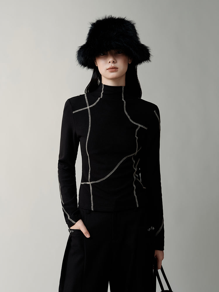 High Neck Asymmetric Contrast Color Line Cutsew