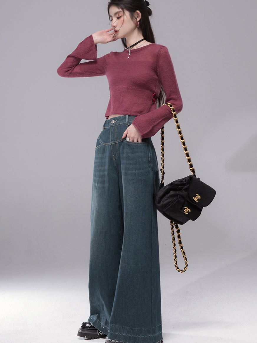 Wavy Split Line Retro Wide-leg Jeans