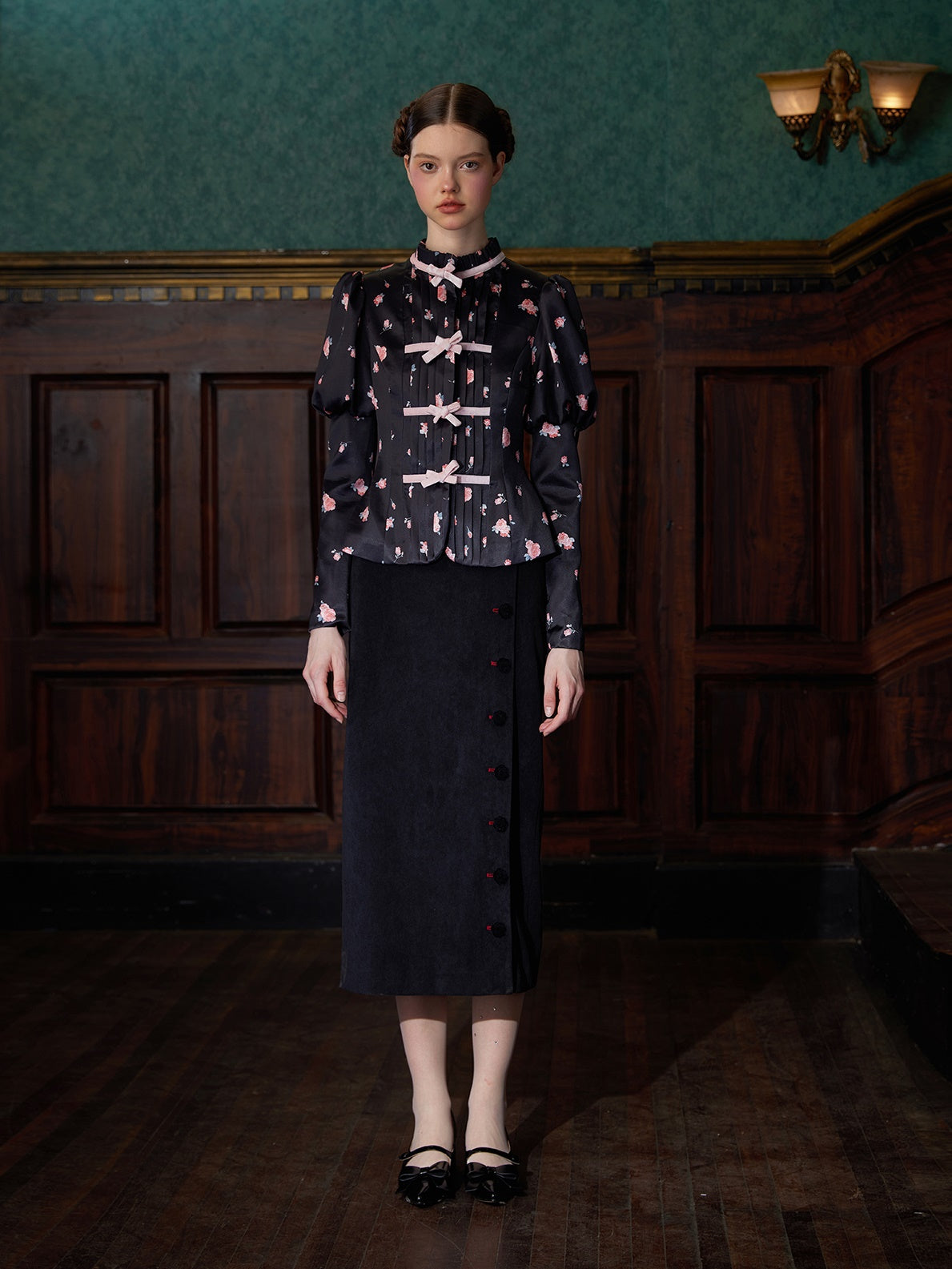 Chinese Style Bow Floral Puff Sleeve Shirt Jacket