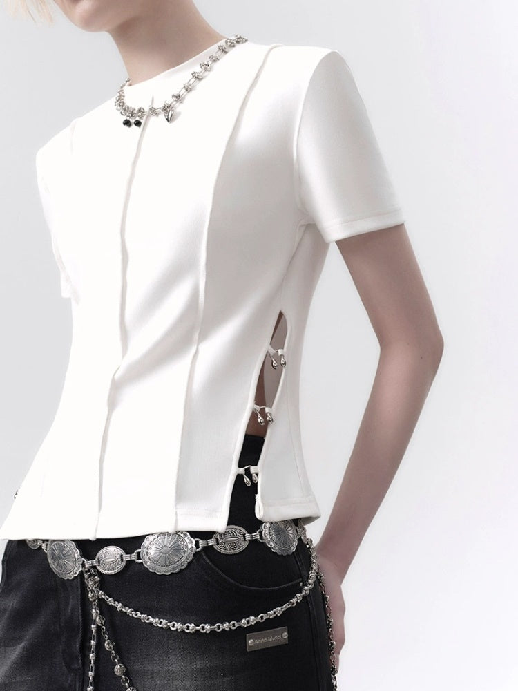 Three-dimensional Hollow Metal Ring Split T-shirt