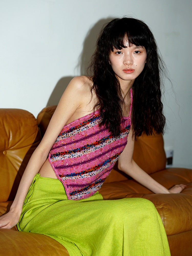 대조적 인 줄무늬 원사 니트 홀터 탱크 탑