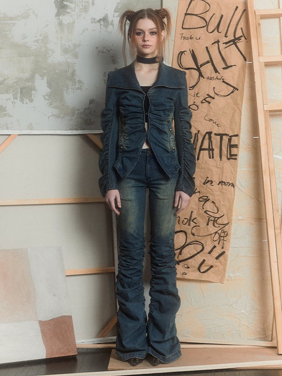 Street Pleated Stacked Denim Jacket