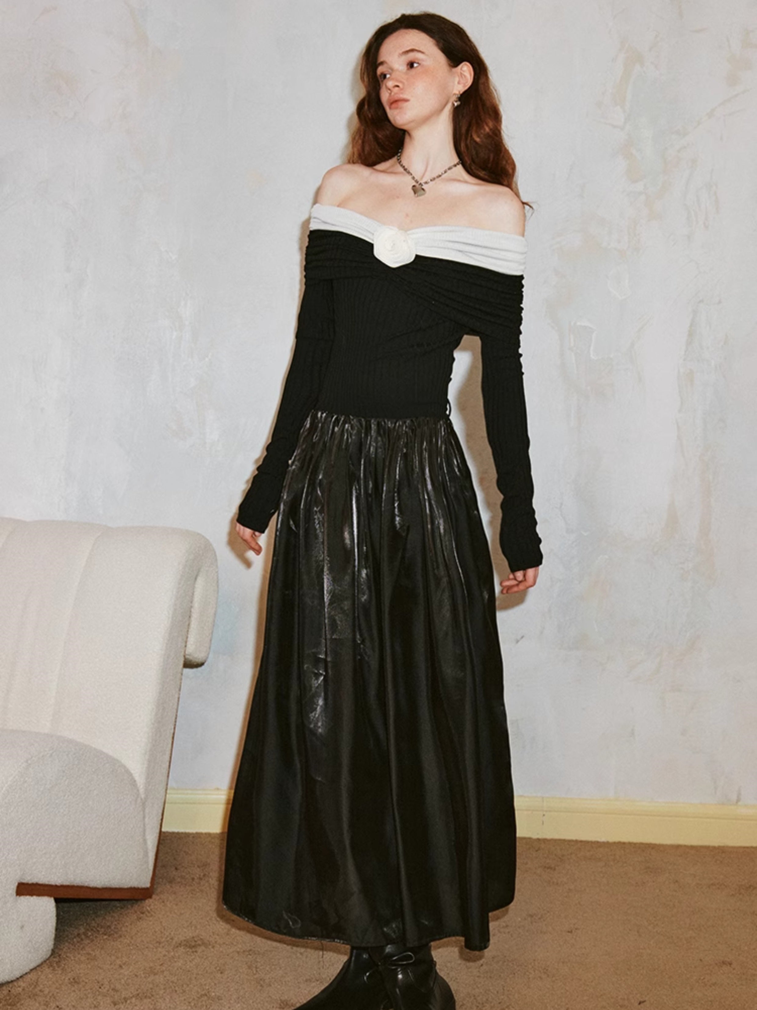 Elegant Off-shoulder Three-dimensional Rose Splicing Dress