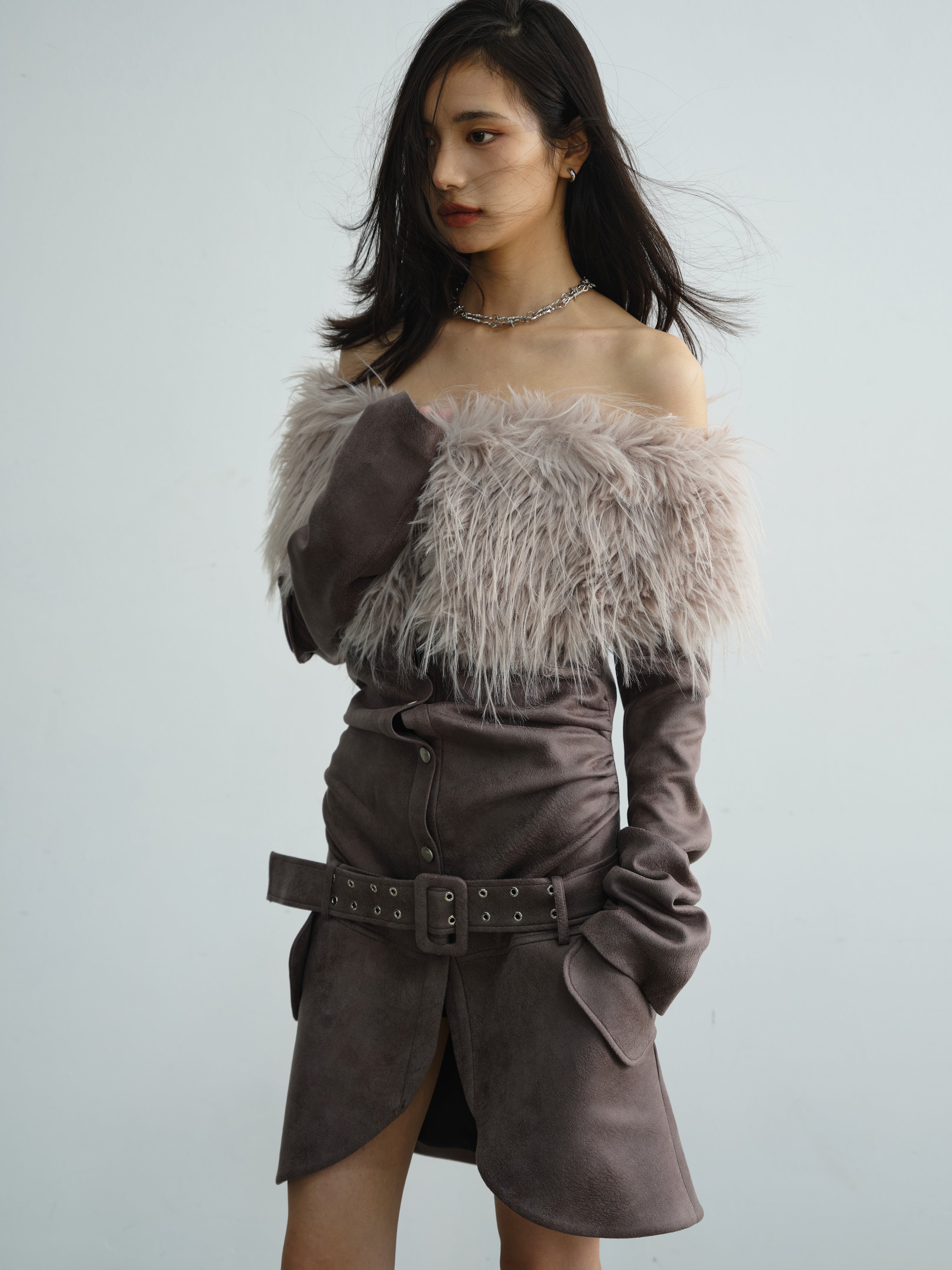 Off-shoulder Fur Collar Pleated Dress