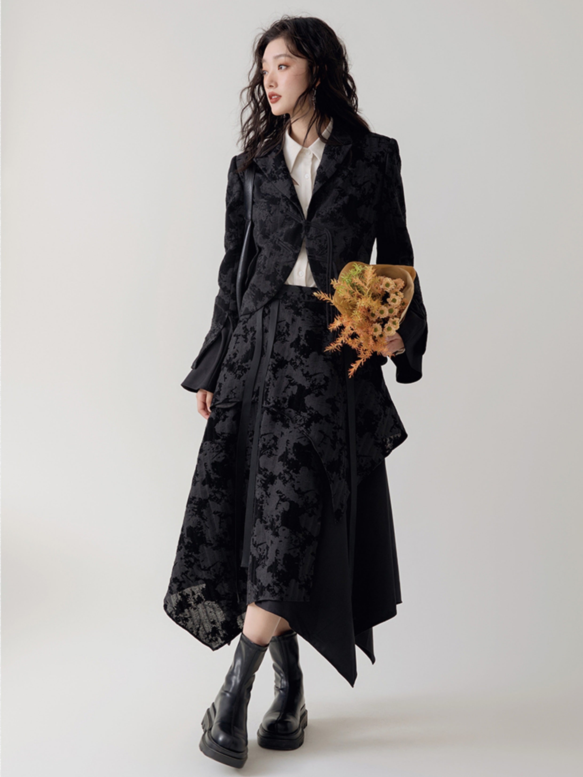 Chinese Style Flare Sleeve Jacket & Asymmetrical Skirt