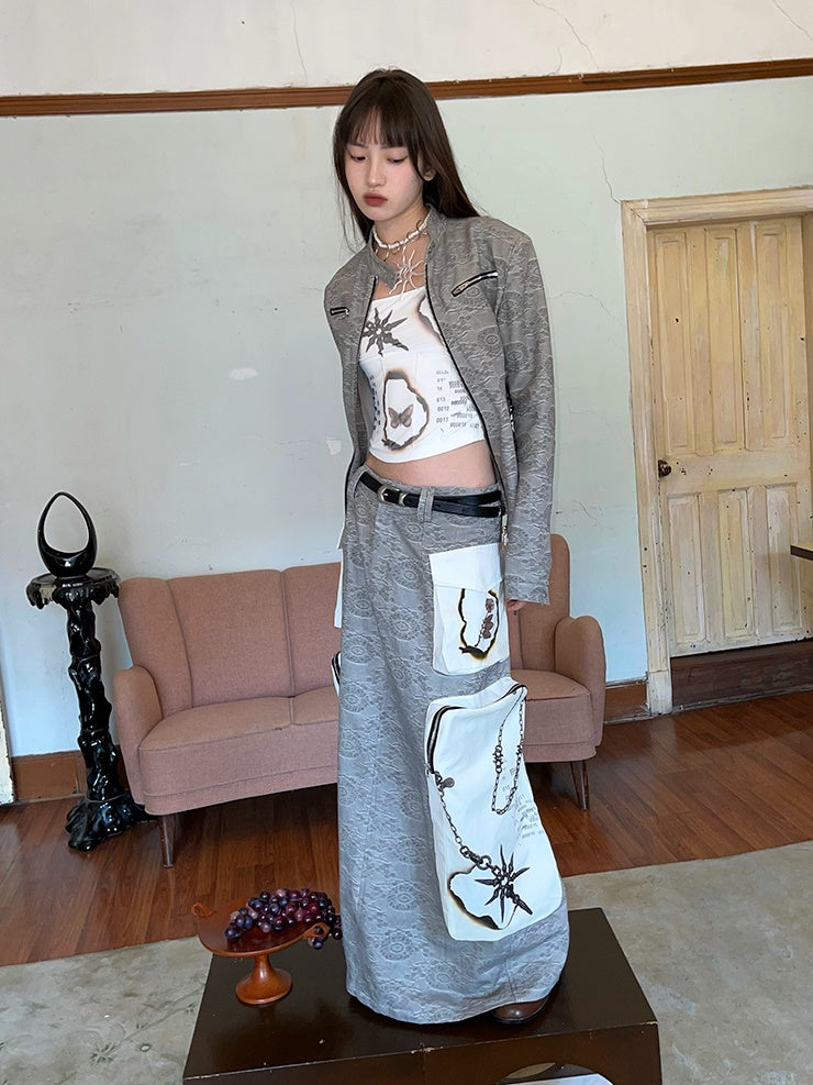 Jacquard Zipper Short Jacket & Low Waist Long Skirt