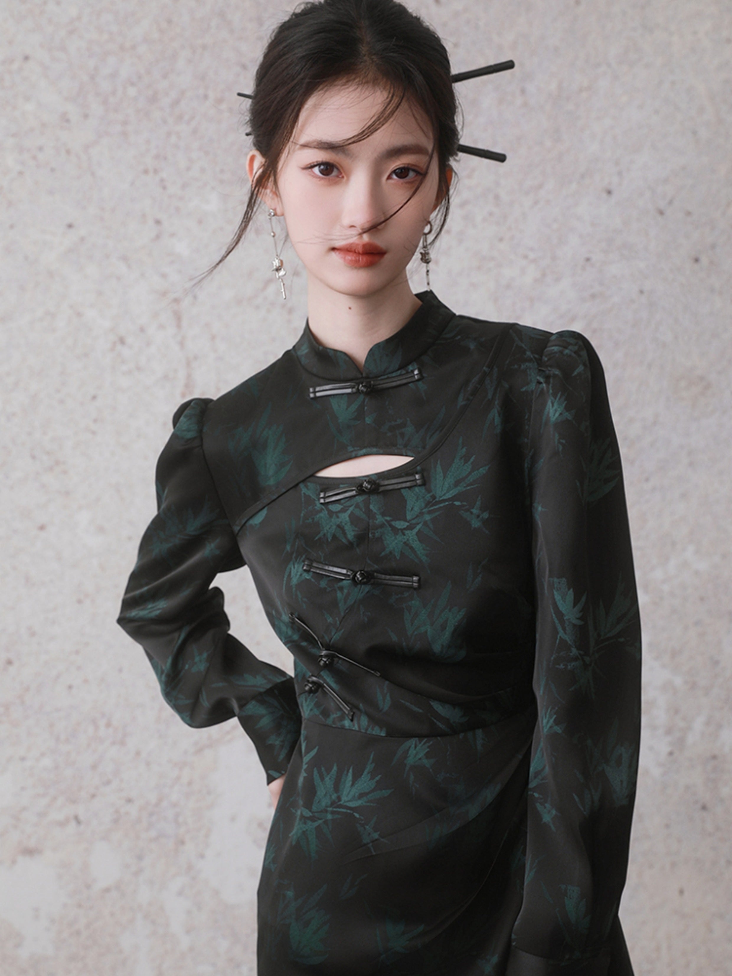 Bamboo Leaf Print Cheongsam Long Sleeve Dress