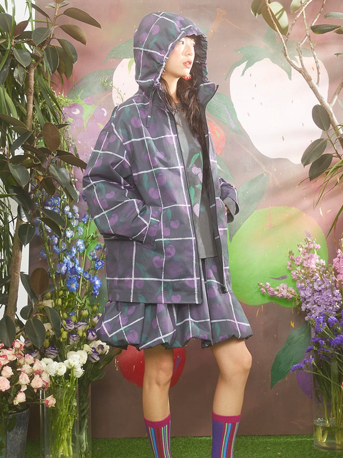 Gradient Cherry Plaid Printed Hooded Windbreaker Jacket & Flower Bud Skirt