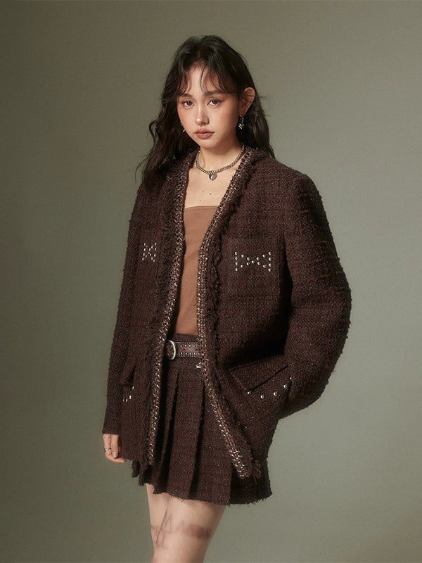 Nietglitter-Tweed-No-Kriechen-Jacke und Faltenrock