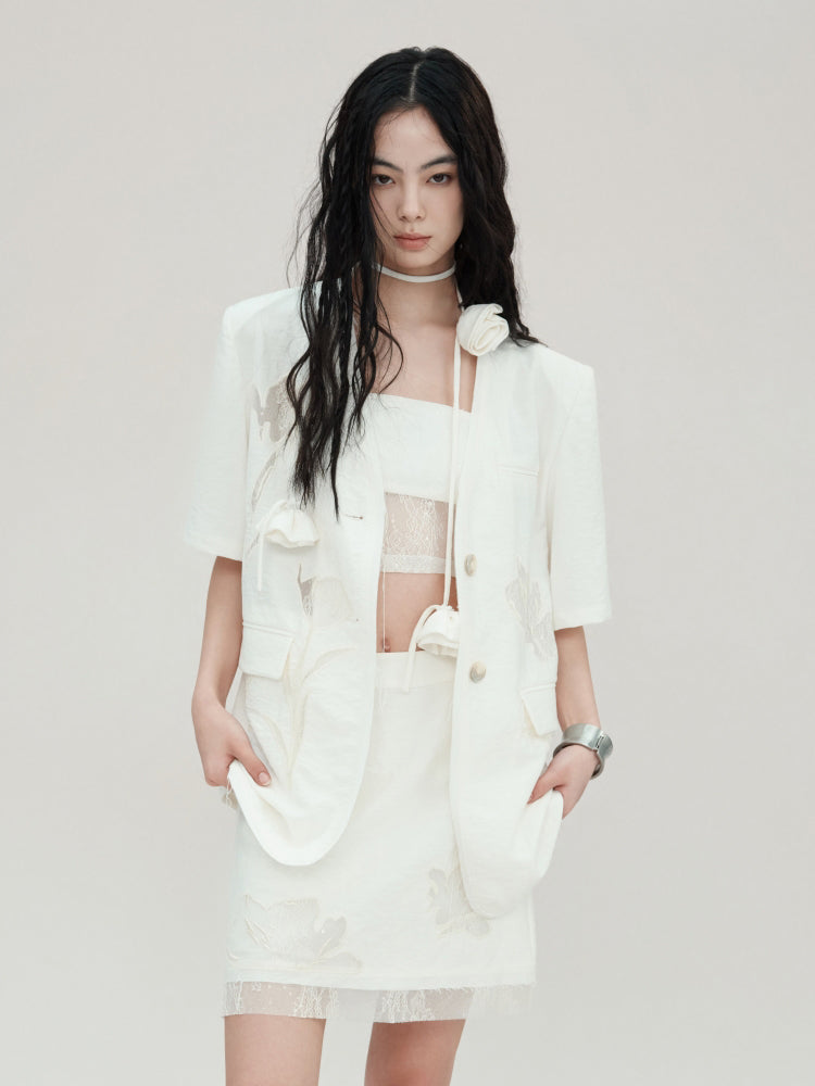 Carved Lace Embroidery Jacket & Camisole & Short Skirt