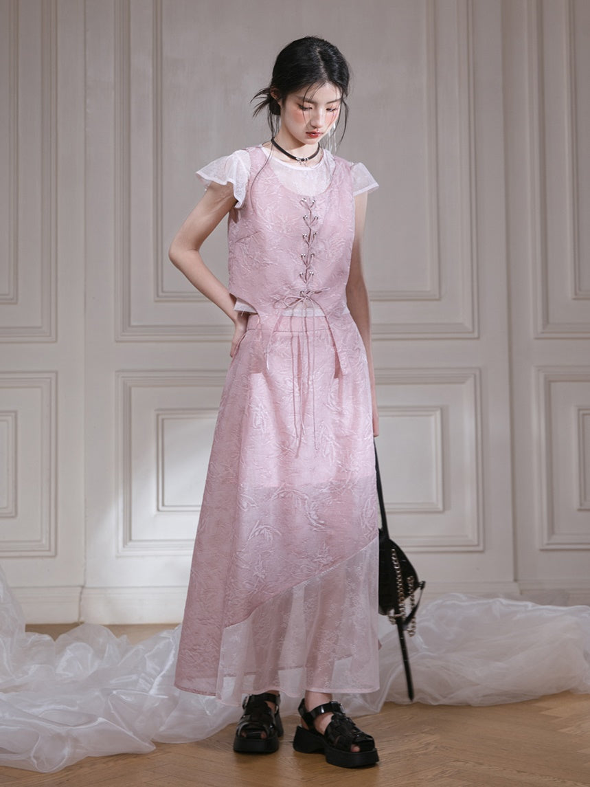 Small Flying Sleeve T-Shirt & Embossed Lace-Up Vest Setup & Long Skirt