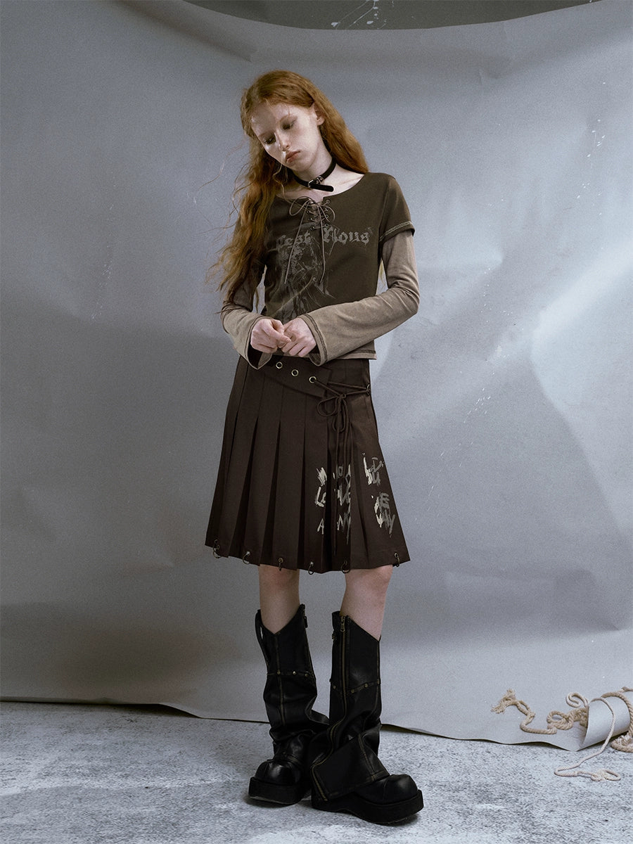 Fake 2Piece Lace-up Print Long T-Shirt