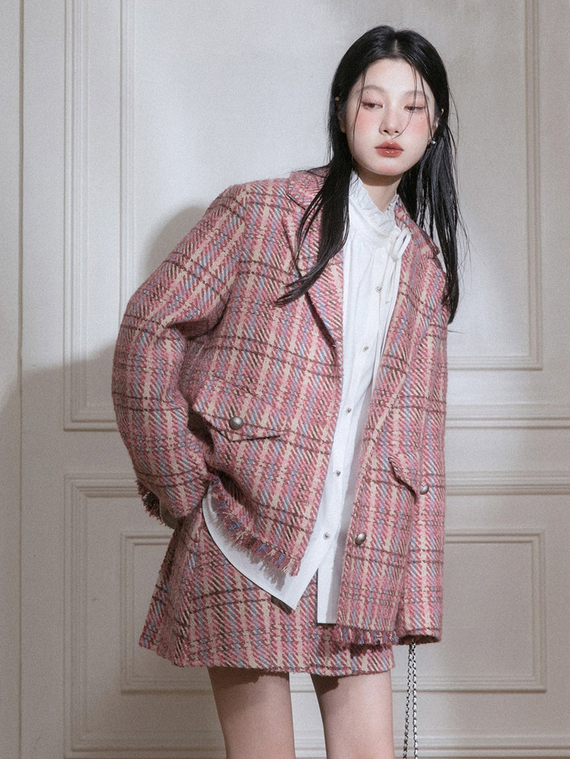Plaid Tweed Asymmetry Design Jacket & Skirt