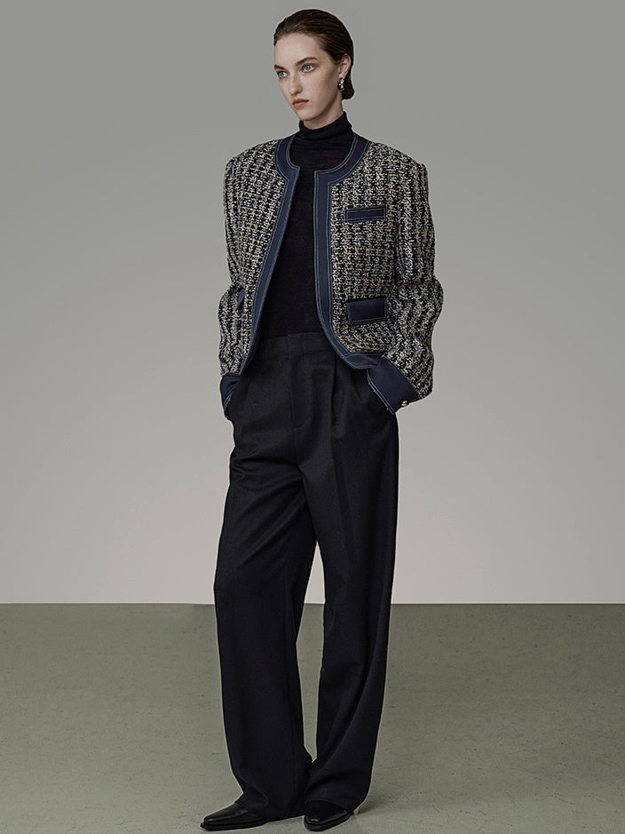 Satin Splicing Design Quilting Tweed Short Jacket