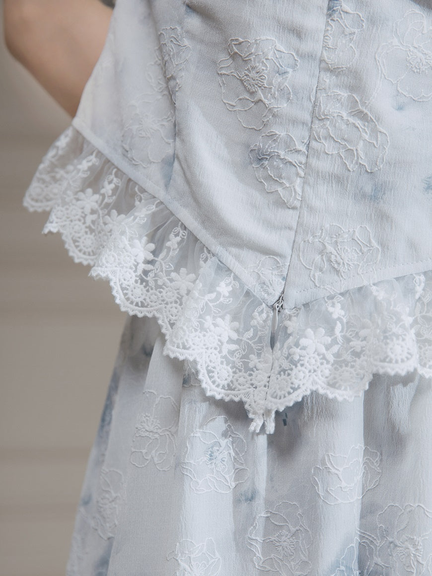 Rose Ink Printed Lace Sleeveless Top & Irregular Hem Skirt Set-up