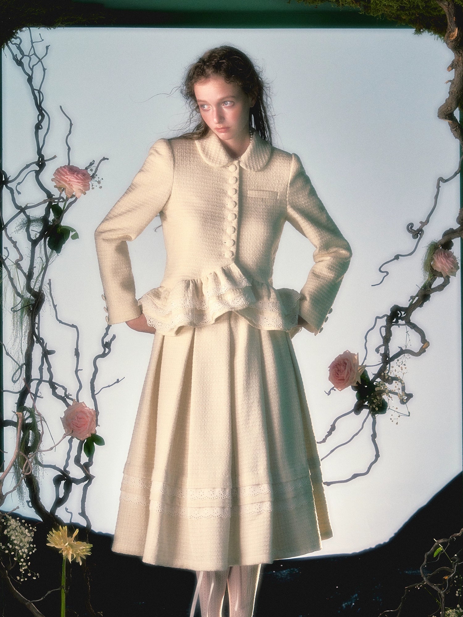 Irregular Lace Hem Jacket & Elastic Waist Pleated Skirt