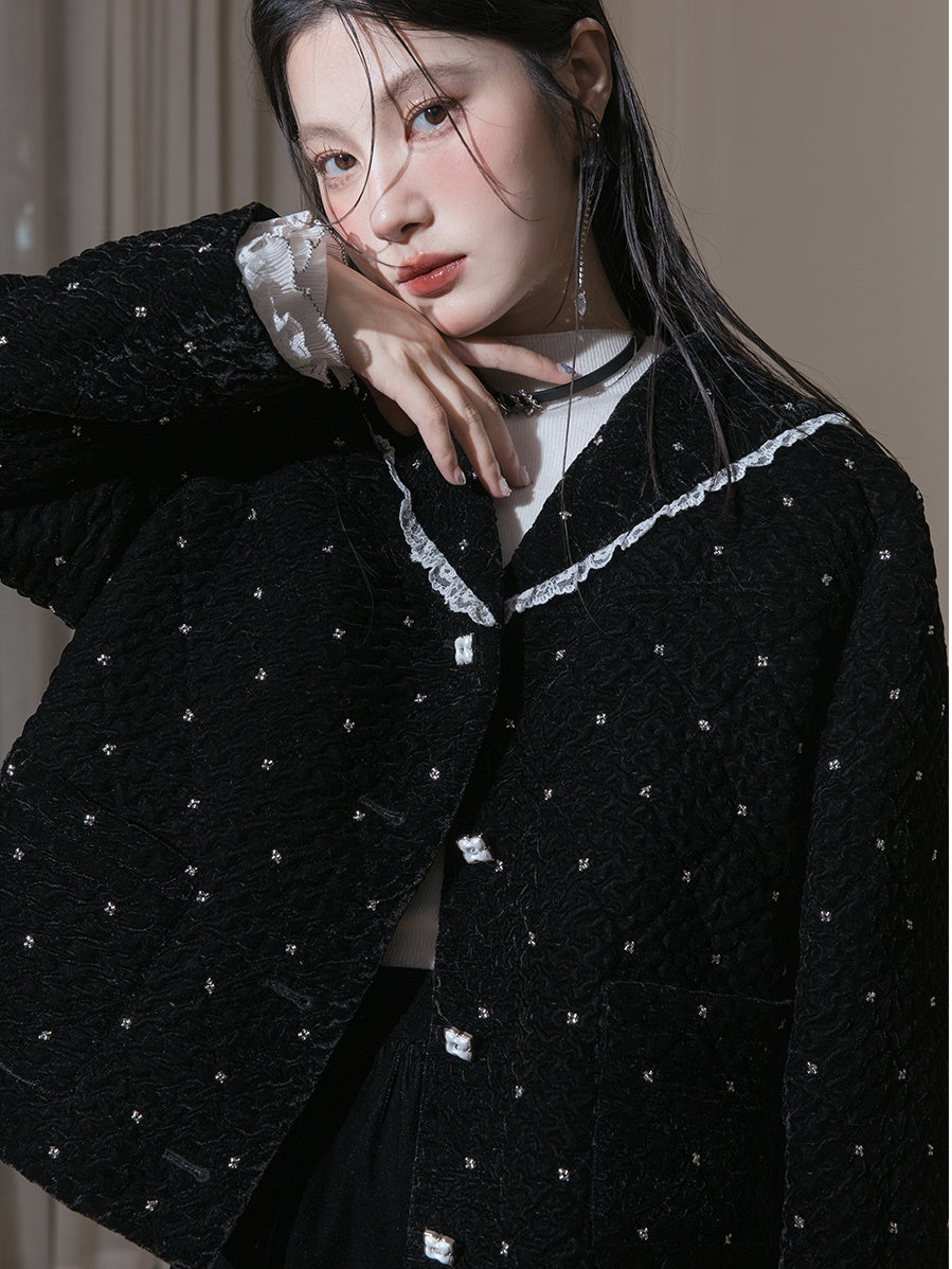 Velvet Bead-flower Short Jacket & Lace Stitch Cake Skirt
