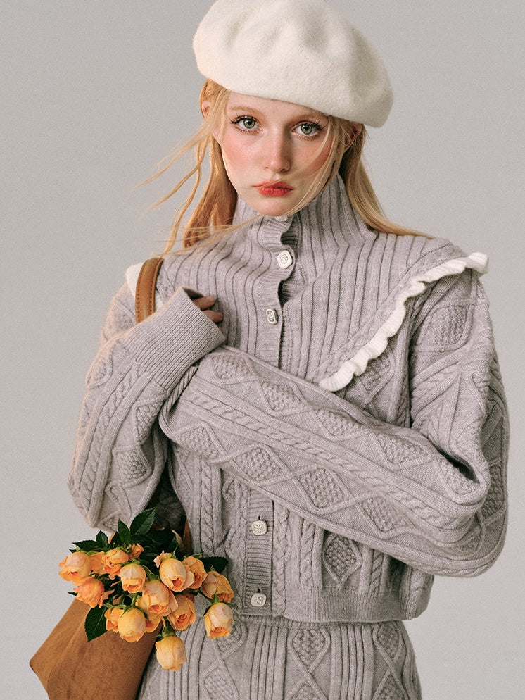 Hoher Hals gehäkelt Holzohr Strickjacke & Rock