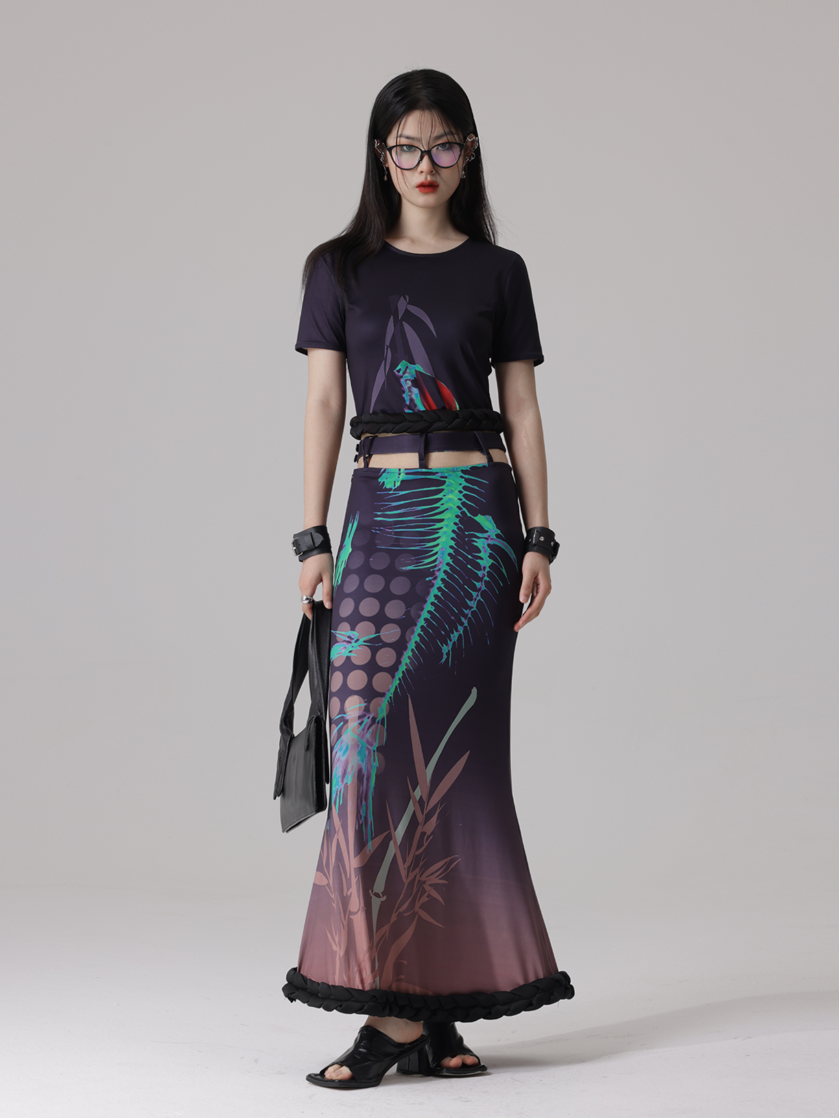 Fishbone Print Stitching Braid Profile Hem Top & Fishtail Skirt