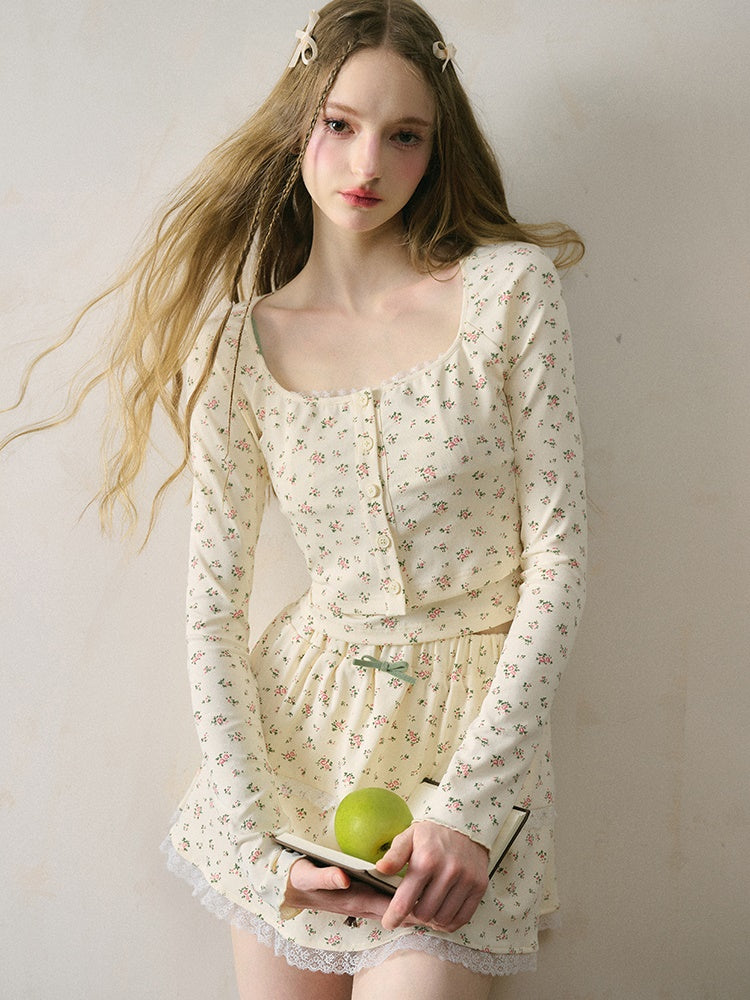 French Floral Girly Camisole & Cropped Cardigan & Skirt