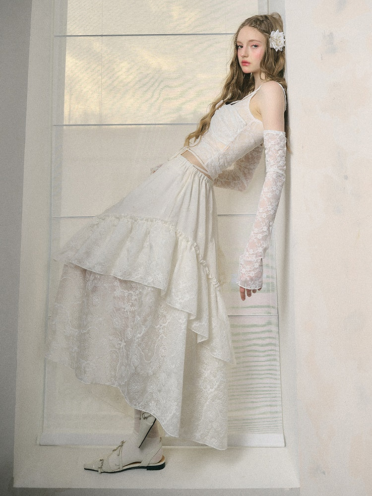 Embroidered Jacquard Ruffled Sling & Asymmetry Skirt